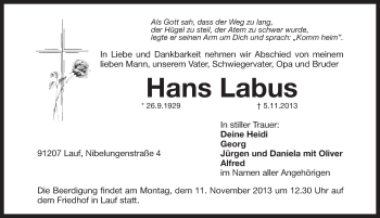 Traueranzeige von Hans Labus von Pegnitz-Zeitung
